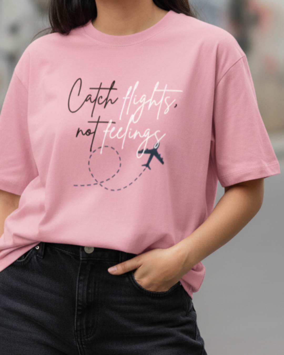 Flamingo Pink Graphic Tee – “Catch Flights, Not Feelings” Edition
