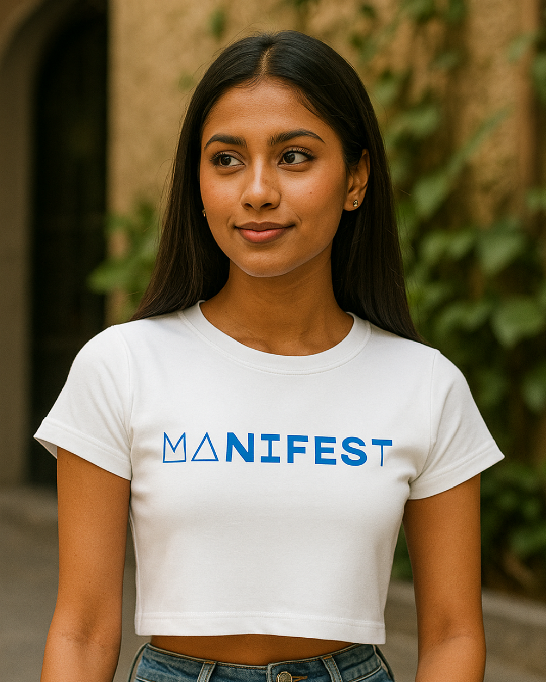 Baby White Tee – Bold “MANIFEST” Graphic Edition