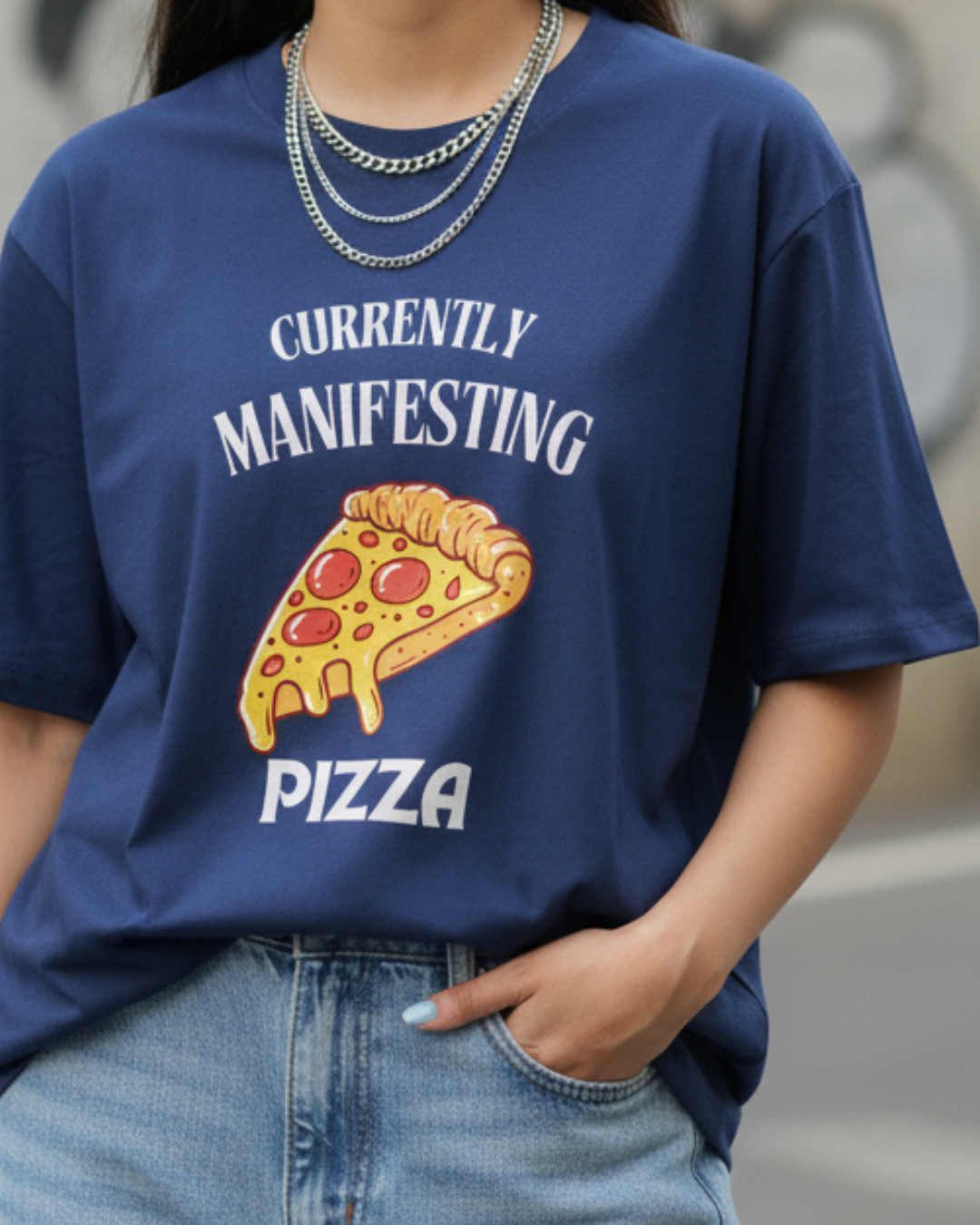 Oversized Navy blue Tee – “Manifesting Pizza” Edition