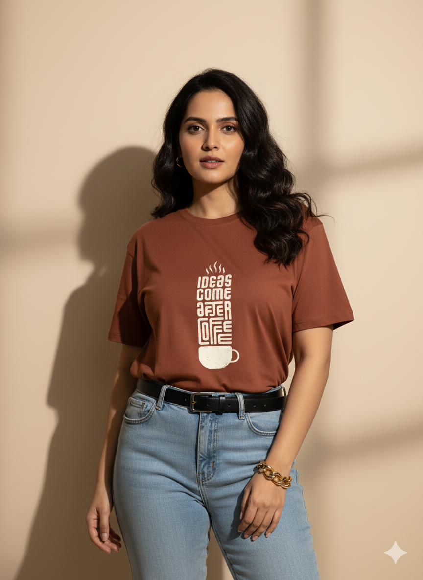 “Ideas Come After Coffee” Quote T-Shirt – Casual Coffee Lover Tee