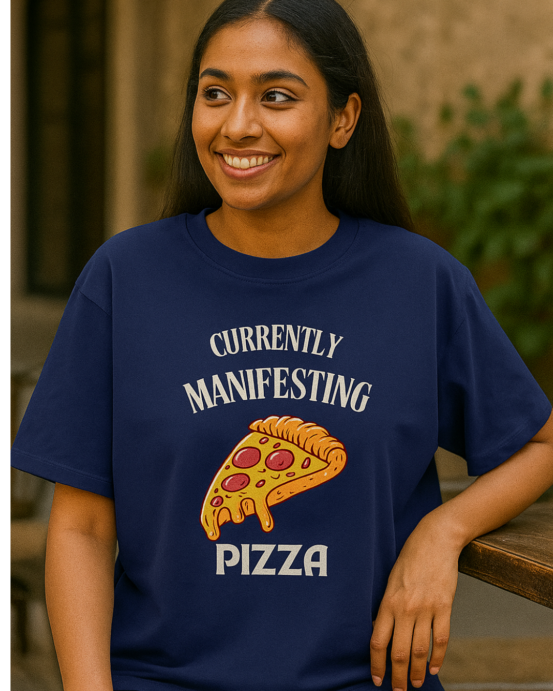 Oversized Navy blue Tee – “Manifesting Pizza” Edition