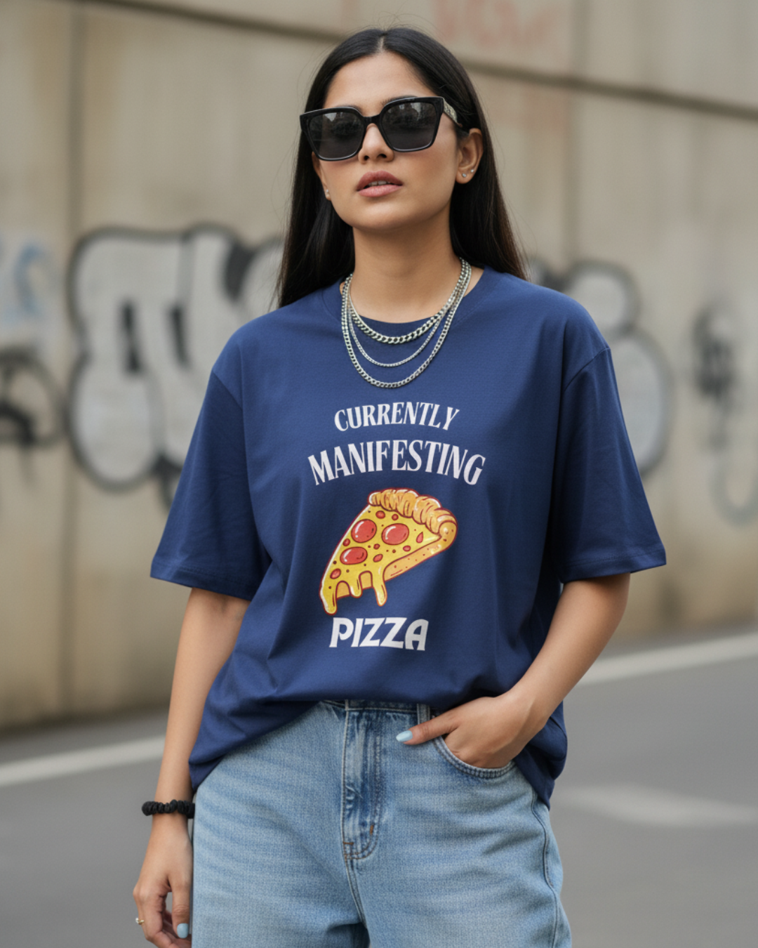 Oversized Navy blue Tee – “Manifesting Pizza” Edition