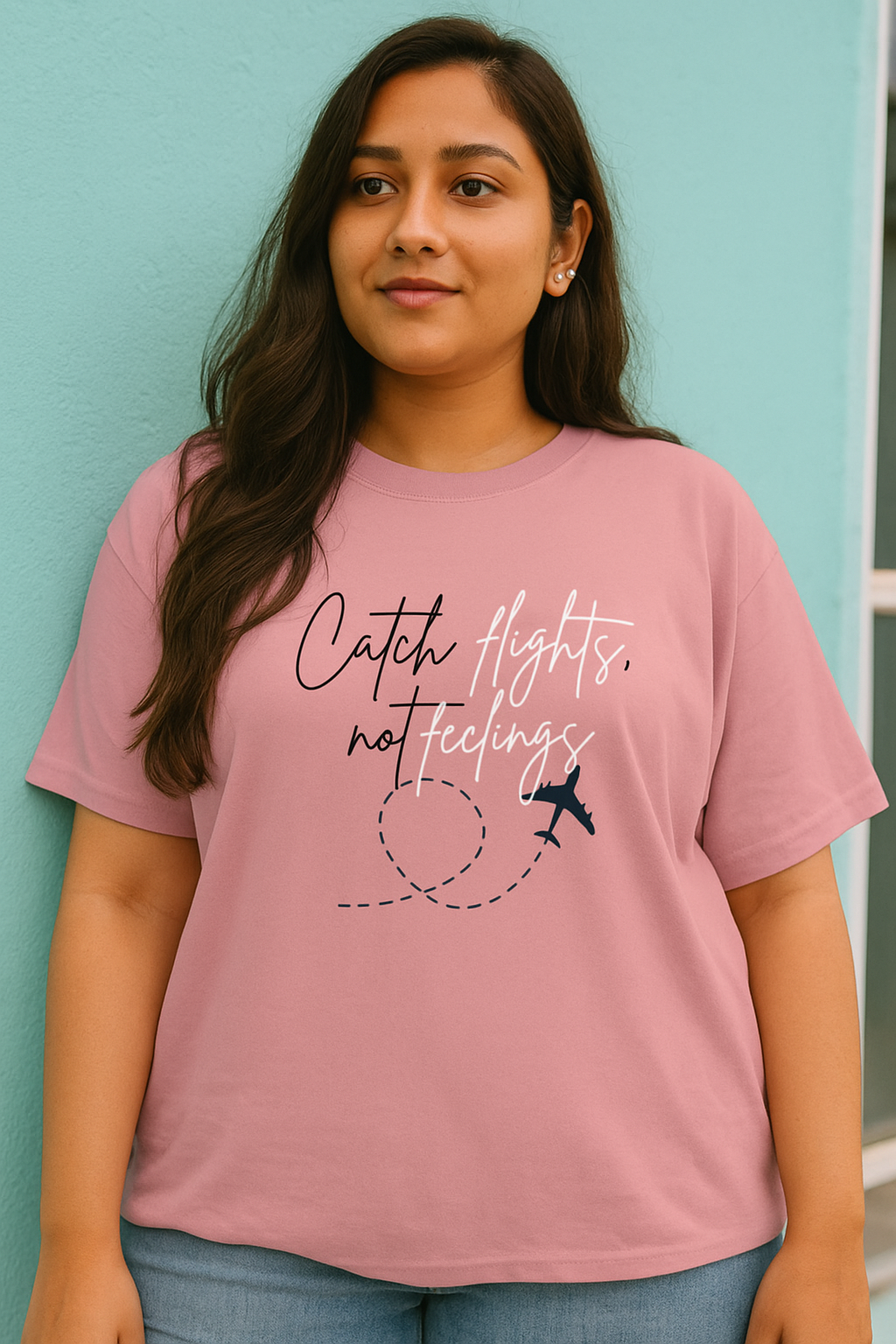 Flamingo Pink Graphic Tee – “Catch Flights, Not Feelings” Edition