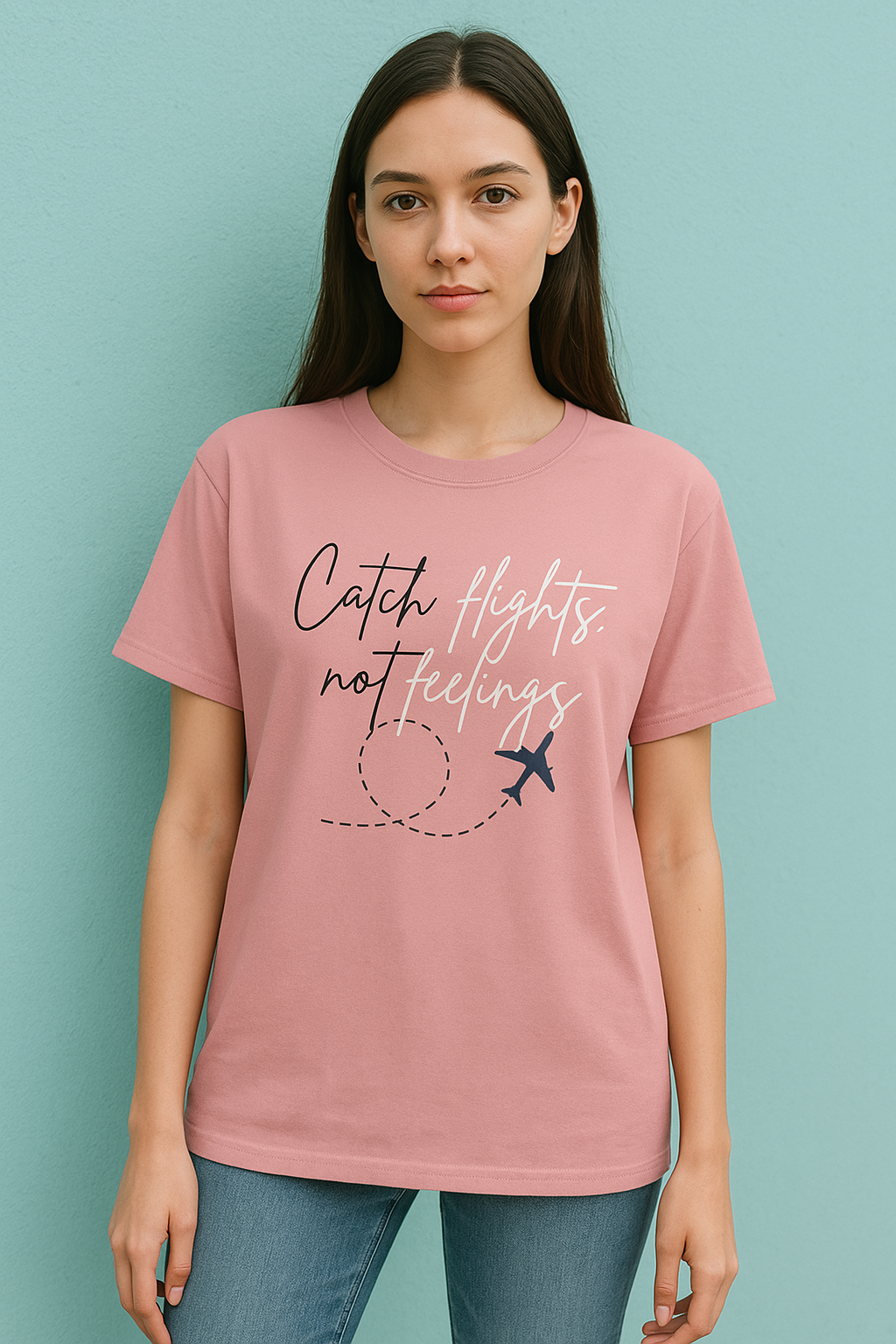 Flamingo Pink Graphic Tee – “Catch Flights, Not Feelings” Edition